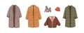 Casual female outerwear clothes set. Warm coats and jackets, knitted hat and boots. Fashion winter and autumn season