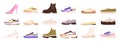 Casual footwear. Shoes types design, fashionable male and female footwears. Isolated stylish sneakers and boots models