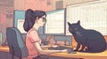 Casual freelance woman from remote work or programming with cat on room. relax from stress with fluffy pet in home office