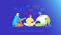 Casual friends talking and smiling together. Gradient vector illustration of three teenegers sitting on the floor and chatting