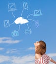 Casual girl looking at cloud computing concept on blue sky Royalty Free Stock Photo