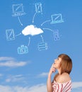 Casual girl looking at cloud computing concept on blue sky Royalty Free Stock Photo