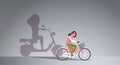 Casual girl riding bike shadow of woman on motor scooter imagination aspiration concept female cartoon character full