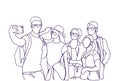 Casual Group Of Young People Taking Selfie Photo On Smart Phone Doodle Men And Women Make Self Portrait