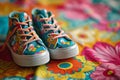 Casual kids' shoes with multicolored laces on a floral backdrop