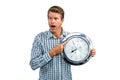 Casual late man showing a clock Royalty Free Stock Photo