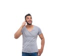 Casual Man Cell Smart Phone Call Look Up Royalty Free Stock Photo