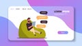 Casual man chatting messaging with tablet guy sitting at bean bag using mobile app social network chat bubble