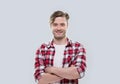 Casual Man Happy Smile Young Handsome Guy Folded Hands Wear Checked Shirt Royalty Free Stock Photo