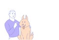 Casual man holding cute dog owner with pets sketch doodle horizontal male portrait Royalty Free Stock Photo