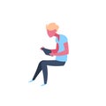 Casual man using tablet character sitting pose isolated male cartoon full length flat