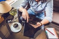 Casual Man Using Tablet Computer Sitting in Cafe Surfing Internet Royalty Free Stock Photo