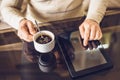 Casual Man Using Tablet Computer Sitting in Cafe Surfing Internet Royalty Free Stock Photo