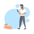 Casual man walking with dog bearded guy using smartphone male person having fun with his animal pet best friend concept