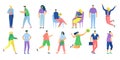 Casual man woman vector illustration set, cartoon flat faceless people in casual clothes outfit standing, jumping Royalty Free Stock Photo