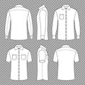 Casual mans blank outline shirts with short and long sleeves in front back and side views. Vector template isolated Royalty Free Stock Photo