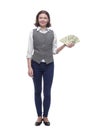 casual mature woman with a bundle of banknotes.