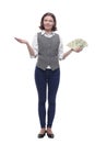 casual mature woman with a bundle of banknotes.