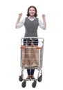 casual mature woman with shopping cart . isolated on a white Royalty Free Stock Photo