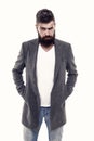 Casual outfit. Menswear and fashion concept. Man bearded hipster stylish fashionable jacket. Casual jacket perfect for Royalty Free Stock Photo