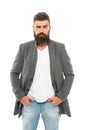 Casual outfit. Menswear and fashion concept. Man bearded hipster stylish fashionable jacket. Casual jacket perfect for Royalty Free Stock Photo