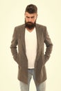 Casual outfit. Menswear and fashion concept. Man bearded hipster stylish fashionable jacket. Casual jacket perfect for Royalty Free Stock Photo