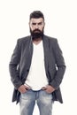 Casual outfit. Menswear and fashion concept. Man bearded hipster stylish fashionable jacket. Casual jacket perfect for Royalty Free Stock Photo