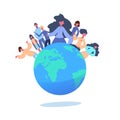 Casual people group around earth world globe communication concept flat Royalty Free Stock Photo