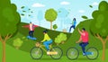 Casual people outside activity, vector illustration. Active recreation in park, riding bike, skateboarding, running and
