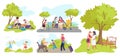 Casual people resting, relax in nature summer, vector illustration. Joyful cute kids having fun, happy young couple sit