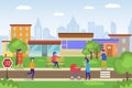 Casual people walking in eco green cityscape, mother with baby carriage, young man jogging, woman cartoon vector