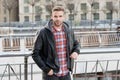 Casual purposes comfort. Handsome guy in casual style. Young man wear casual clothing on urban outdoors. Casual wardrobe Royalty Free Stock Photo