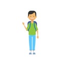 Casual schoolboy with backpack and copybook, happy school pupil full length avatar on white background, successful study