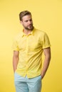 Casual style. Man on calm face posing confidently put hands pockets. Man attractive in casual shirt. Guy fashion model Royalty Free Stock Photo