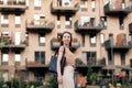 Casual woman with black leather handbag Royalty Free Stock Photo