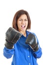 Casual woman celebrating wearing boxing gloves Royalty Free Stock Photo