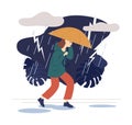 Casual woman going on street under umbrella at thunderstorm vector flat illustration. Female walking at park in wind and