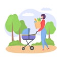Casual woman, mother walking with her baby in stroller, woman pushing pram with newborn child and bags of food isolated Royalty Free Stock Photo