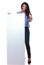 Casual woman with pannel shows thumb up Royalty Free Stock Photo