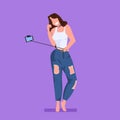 Casual woman selfie stick girl taking photo on smartphone camera young female cartoon character posing flat full length