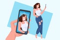 Casual woman taking selfie on smartphone camera hand holding cellphone with photo on screen female cartoon character Royalty Free Stock Photo