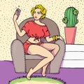 Casual woman taking selfie for social media at home, vector illustration in pop art style. Blonde girl video chatting Royalty Free Stock Photo