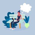 Casual woman using laptop dream bubble sitting wooden bench city park lady freelancer concept male cartoon character Royalty Free Stock Photo