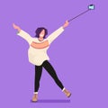 Casual woman using selfie stick taking photo on smartphone camera young girl raising hands female cartoon character Royalty Free Stock Photo