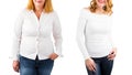 Casual woman before and after weight loss, isolated on white Royalty Free Stock Photo