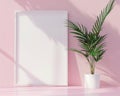 Casual workspace vibe with a frame and plant on pink, embodying modern office aesthetics , high resolution DSLR