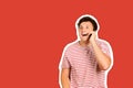 Casual young man talking on the phone and smiling . emotional guy isolated Magazine collage style with trendy color Royalty Free Stock Photo