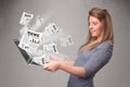 Casual young woman holdin notebook and reading the explosive new Royalty Free Stock Photo