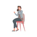Casual young woman talking smartphone gesticulate explaining communication vector flat illustration