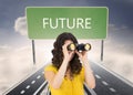 Casual young woman using binoculars Royalty Free Stock Photo